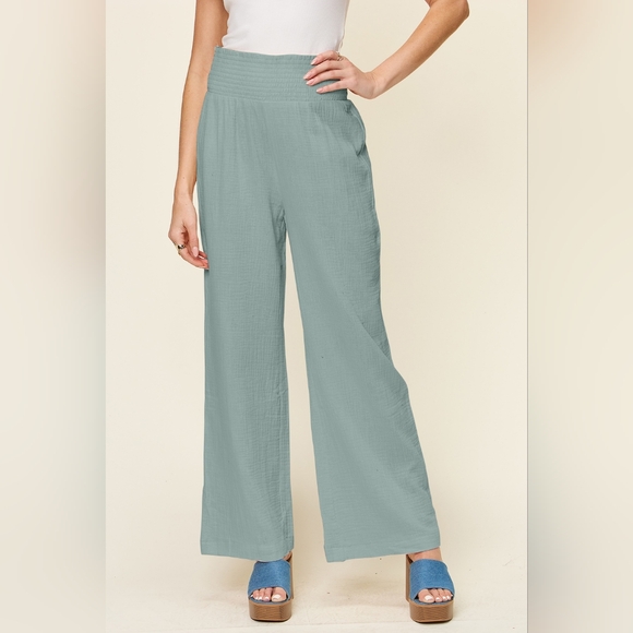 Double Take Full Size Texture Smocked Waist Wide Leg Pants - Picture 2 of 6